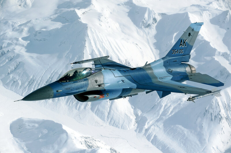 F-16 Fighter Jet — Blue, Dramatic, Winter, Photograph