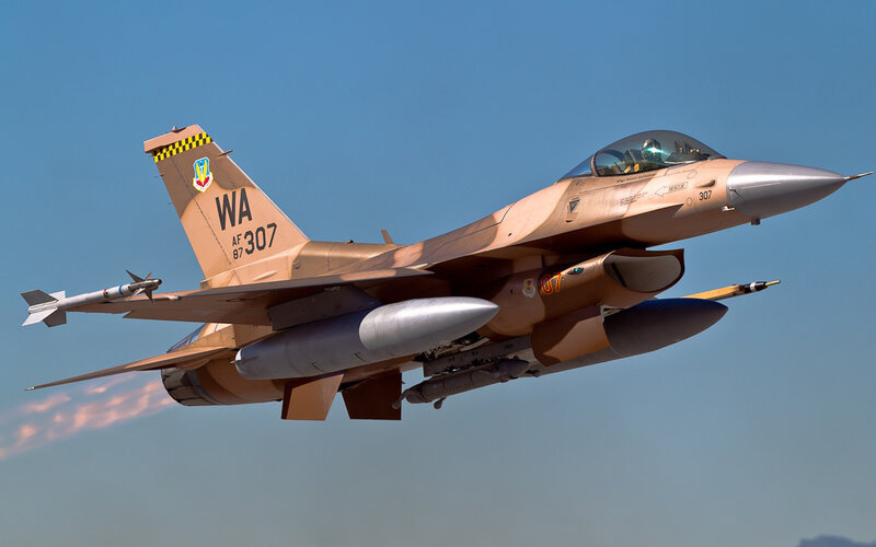 F-16 Fighter Jet — Blue, Dynamic, Afternoon, Photograph, Aircraft, Missile