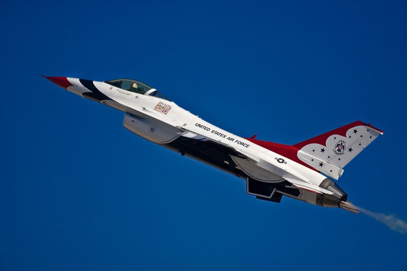 F-16 Fighter Jet — Blue, Dynamic, Afternoon, Photograph, Pilot