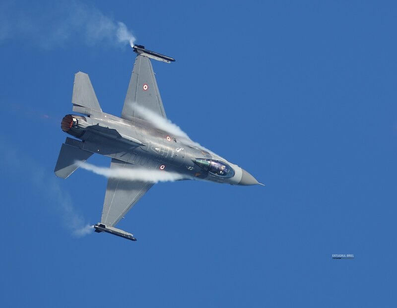 F-16 Fighter Jet — Blue, Dynamic, Afternoon, Photograph, Smoke, Jet Engine