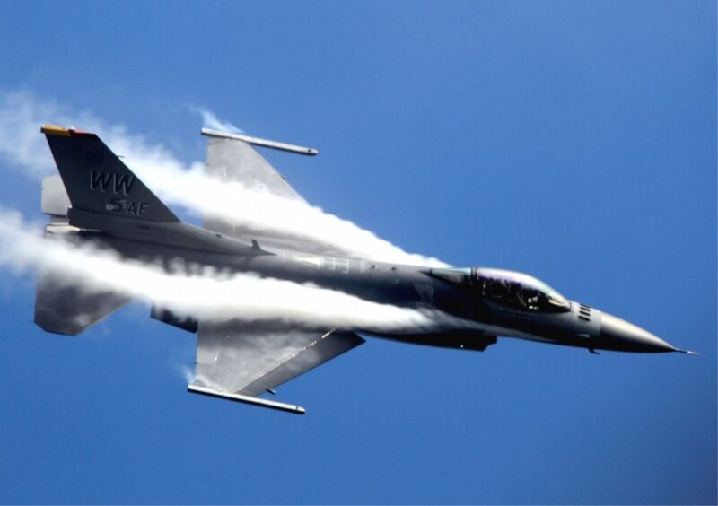 F-16 Fighter Jet — Blue, Dynamic, Afternoon, Photograph, Smoke