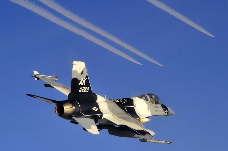 F-16 Fighter Jet — Blue, Dynamic, Afternoon, Photograph, Smoke Trails, Missile