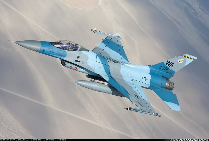 F-16 Fighter Jet — Blue, Dynamic, Photograph, Desert
