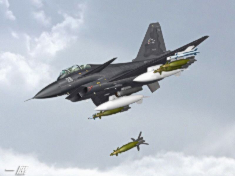 F-16 fighter jet dropping bombs