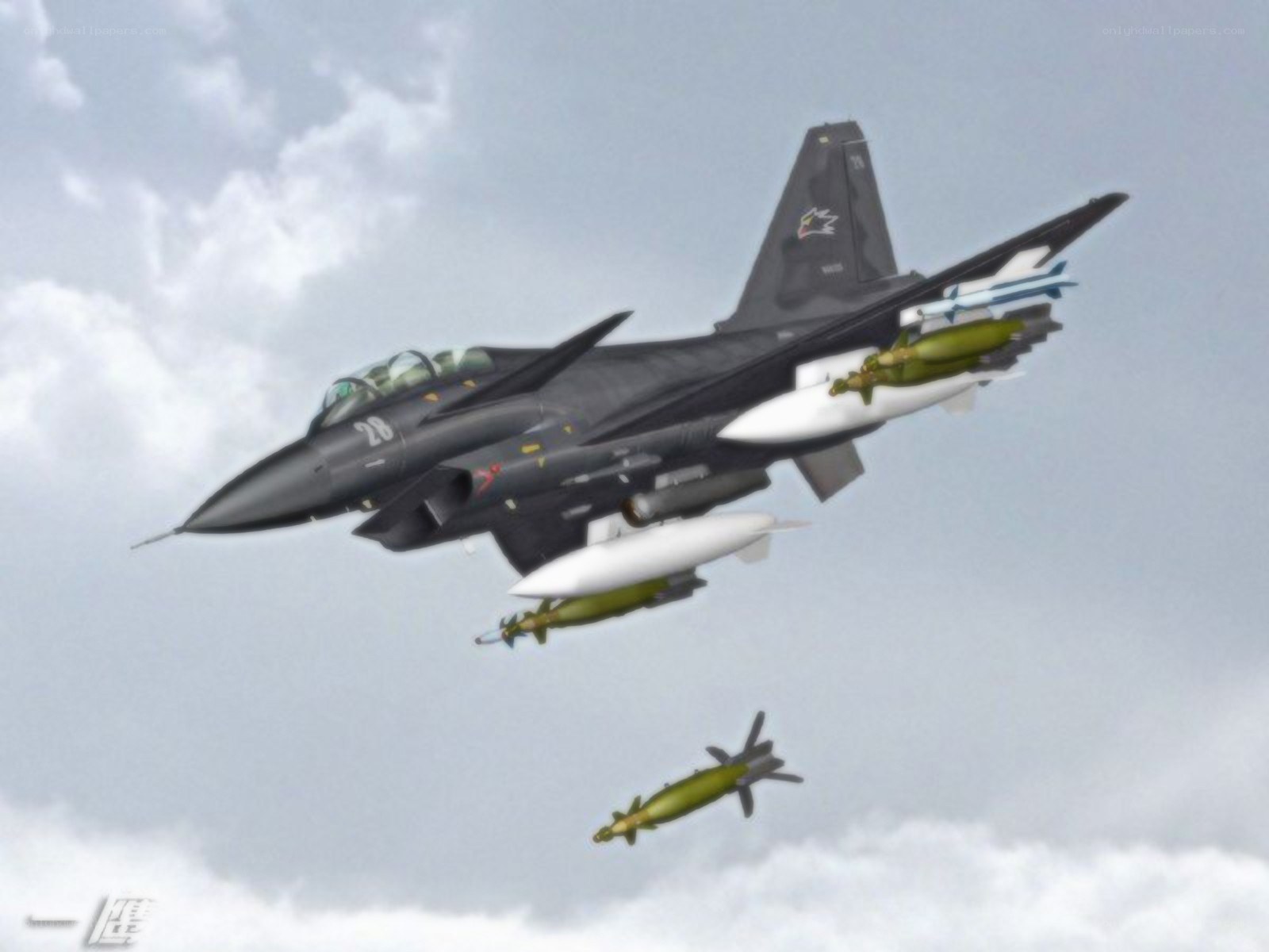 F-16 fighter jet dropping bombs