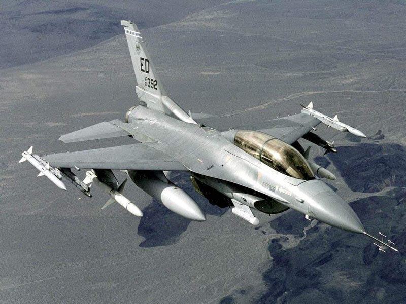 F-16 Fighter Jet — Gray, Aerial, Afternoon, Photograph, Missiles, Mountains, Aircraft