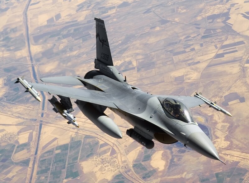 F-16 Fighter Jet — Gray, Aerial, Afternoon