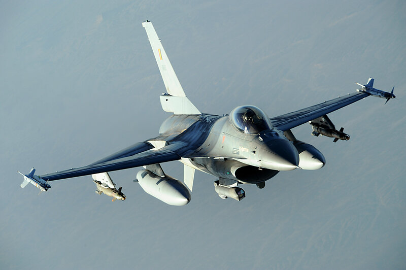 F-16 Fighter Jet — Gray, Aerial, Photograph