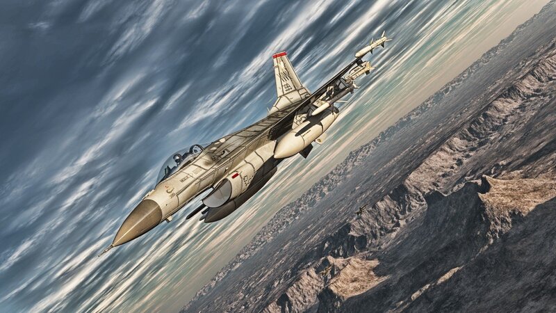F-16 Fighter Jet — Gray, Dramatic, 3d Render, Mountains, Missiles
