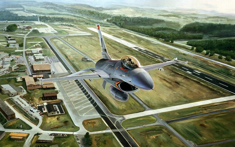 F-16 Fighter Jet — Gray, Dramatic, Afternoon, Illustration, Airfield