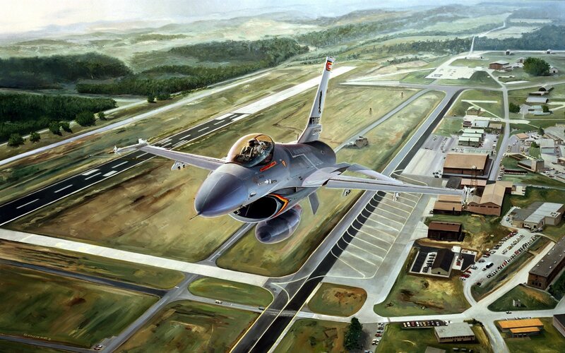 F-16 Fighter Jet — Gray, Dramatic, Afternoon, Illustration, Airplane