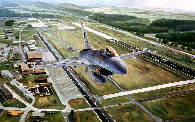 F-16 Fighter Jet — Gray, Dramatic, Afternoon, Illustration