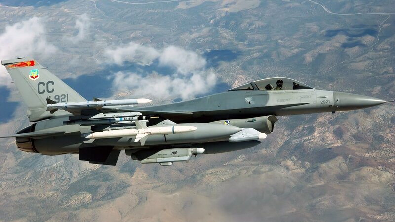 F-16 Fighter Jet — Gray, Dramatic, Afternoon, Photograph, Aircraft, Missiles, Mountains, Brown