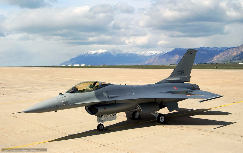 F-16 Fighter Jet — Gray, Dramatic, Afternoon, Photograph, Airfield, Mountains, Clouds