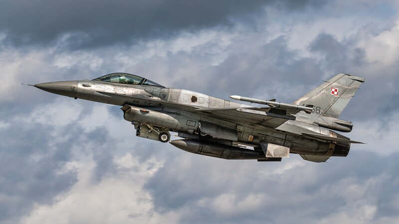 F-16 Fighter Jet — Gray, Dramatic, Afternoon, Photograph, Clouds, Missile