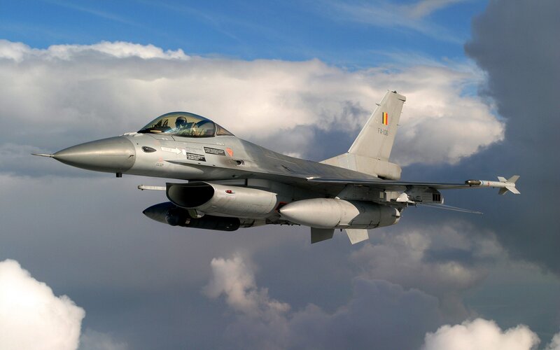 F-16 Fighter Jet — Gray, Dramatic, Afternoon, Photograph, Clouds, Sky
