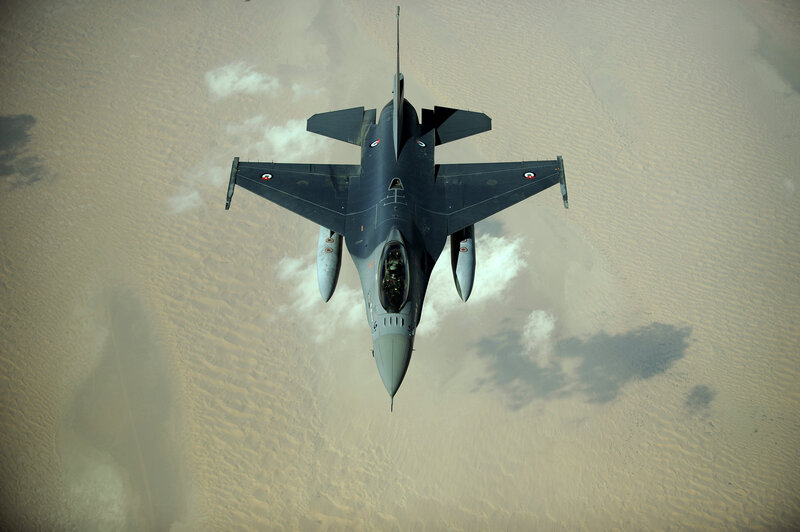 F-16 Fighter Jet — Gray, Dramatic, Afternoon, Photograph, Desert