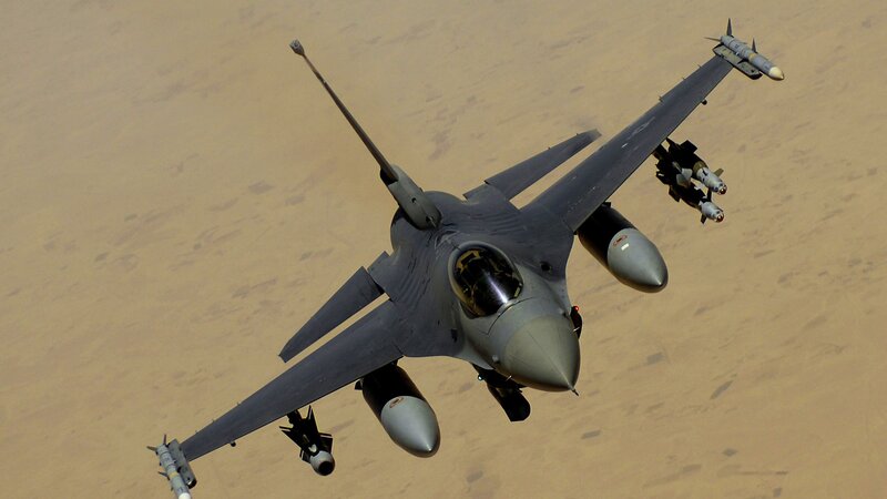 F-16 Fighter Jet — Gray, Dramatic, Afternoon, Photograph, Missiles, Bomb