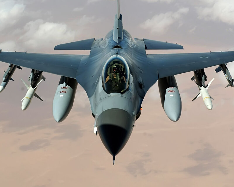 F-16 Fighter Jet — Gray, Dramatic, Afternoon, Photograph, Missiles, Pilot, Clouds, Blue