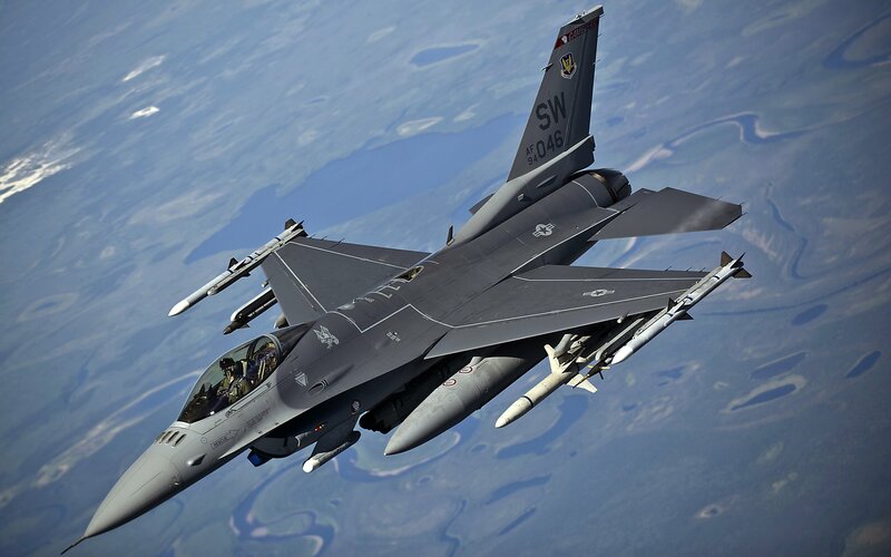 F-16 Fighter Jet — Gray, Dramatic, Afternoon, Photograph, Missiles, Pilot, Clouds