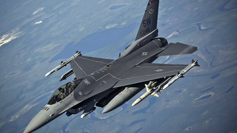 F-16 Fighter Jet — Gray, Dramatic, Afternoon, Photograph, Missiles, Pilot