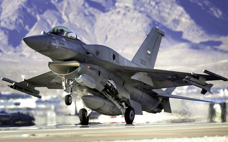 F-16 Fighter Jet — Gray, Dramatic, Afternoon, Photograph, Mountains