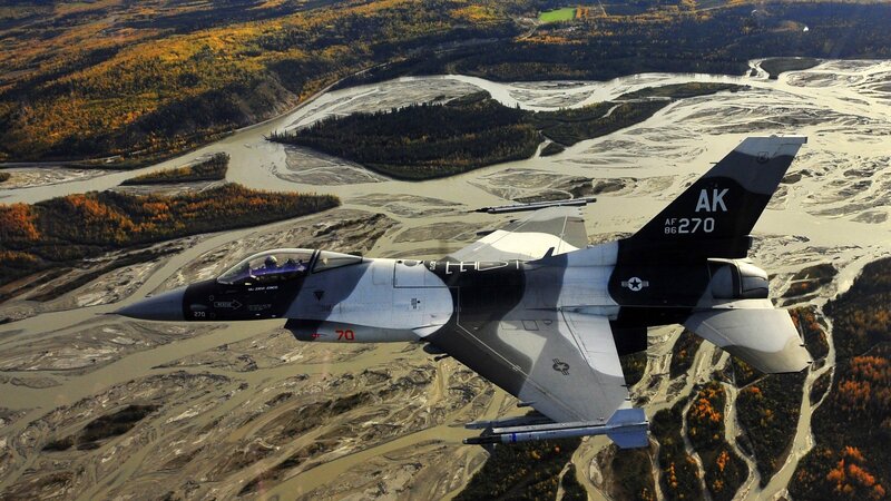 F-16 Fighter Jet — Gray, Dramatic, Autumn, Photograph, River