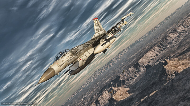F-16 Fighter Jet — Gray, Dramatic, Digital Art, Mountains