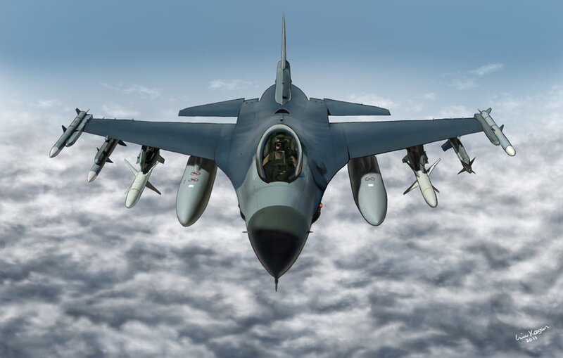 F-16 Fighter Jet — Gray, Dramatic, Digital Art, Pilot