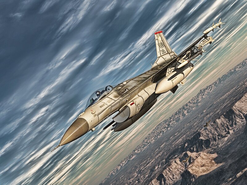 F-16 Fighter Jet — Gray, Dramatic, Digital Art