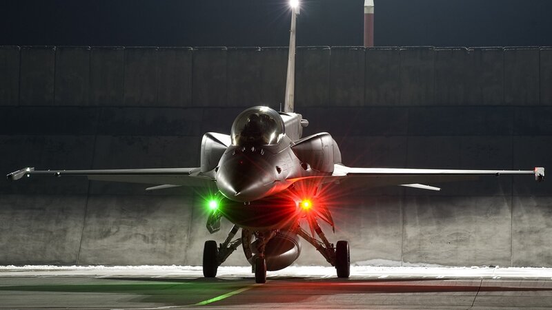 F-16 Fighter Jet — Gray, Dramatic, Night, Photograph