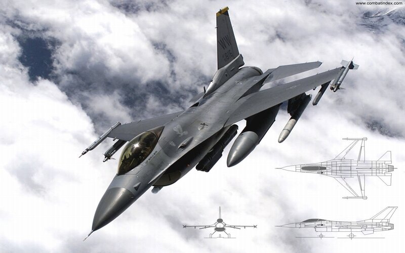 F-16 Fighter Jet — Gray, Dramatic, Photograph, Clouds, Missiles, Diagrams