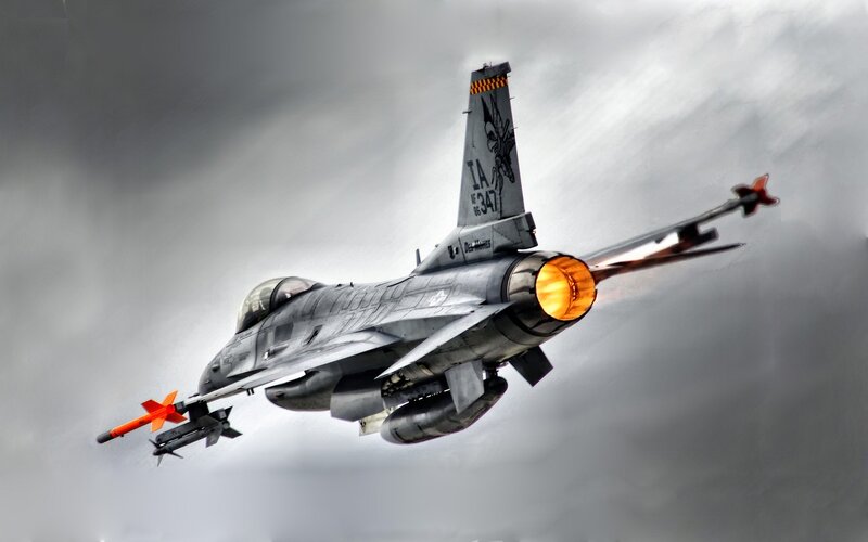 F-16 Fighter Jet — Gray, Dramatic, Photograph, Missile, Afterburner