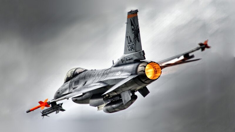 F-16 Fighter Jet — Gray, Dramatic, Photograph, Missile