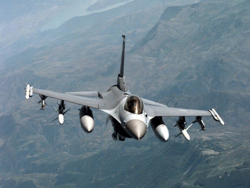 F-16 Fighter Jet — Gray, Dramatic, Photograph, Mountains, Missiles