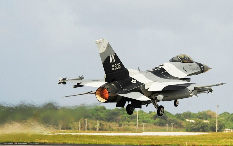 F-16 Fighter Jet — Gray, Dynamic, Afternoon, Photograph, Aircraft, Runway, Trees