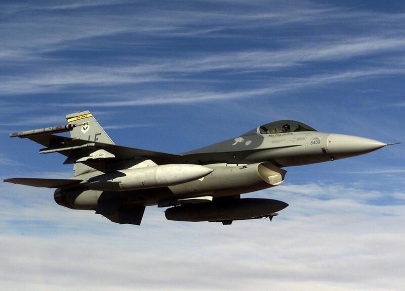 F-16 Fighter Jet — Gray, Dynamic, Afternoon, Photograph, Aircraft, Sky, Clouds