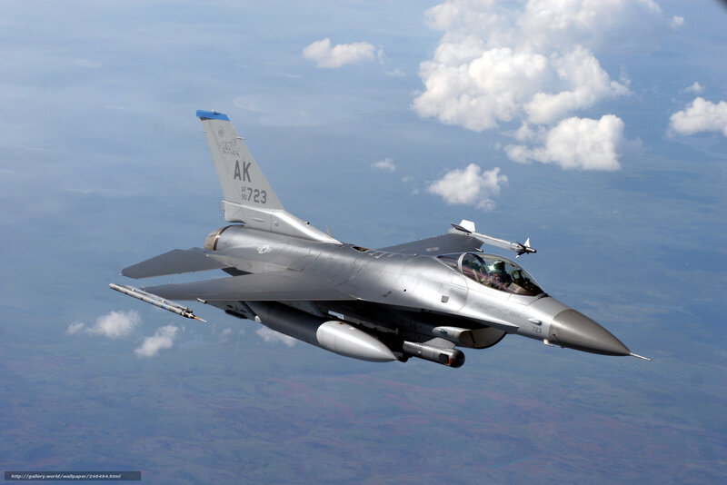 F-16 Fighter Jet — Gray, Dynamic, Afternoon, Photograph, Clouds, Sky