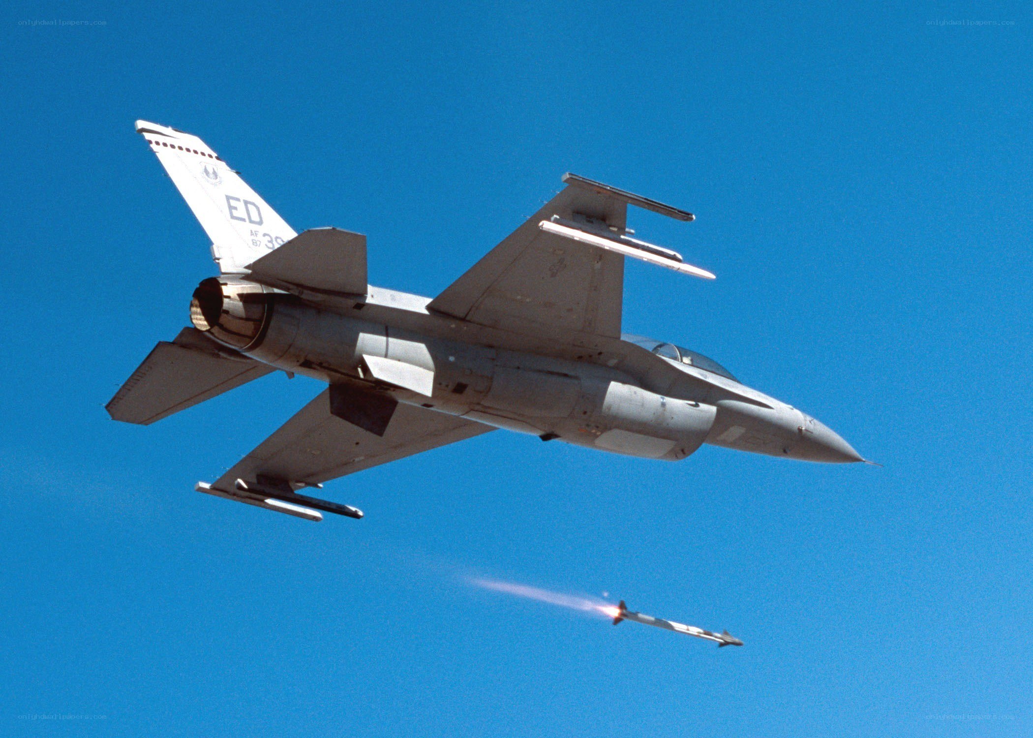 F-16 fighter jet launching missile