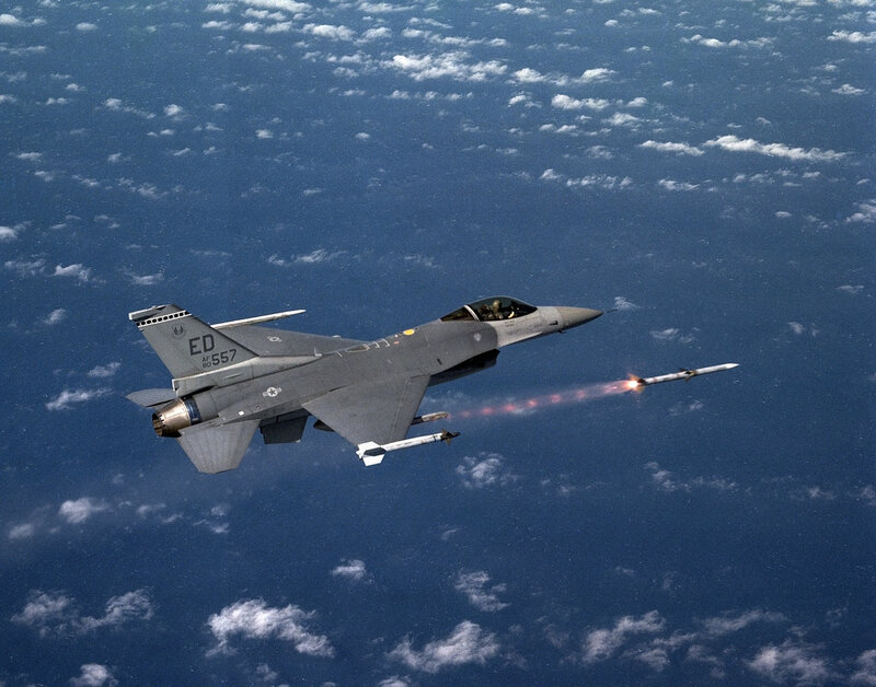 F-16 fighter jet launching missile