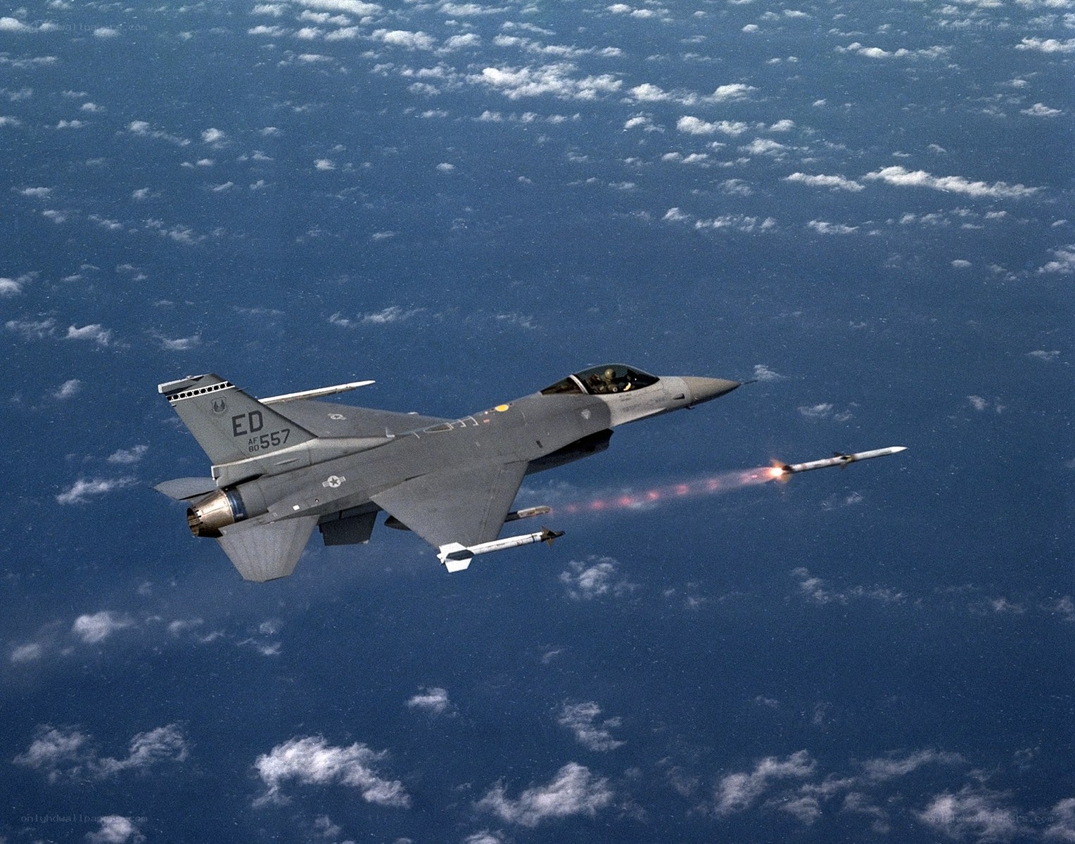 F-16 fighter jet launching missile