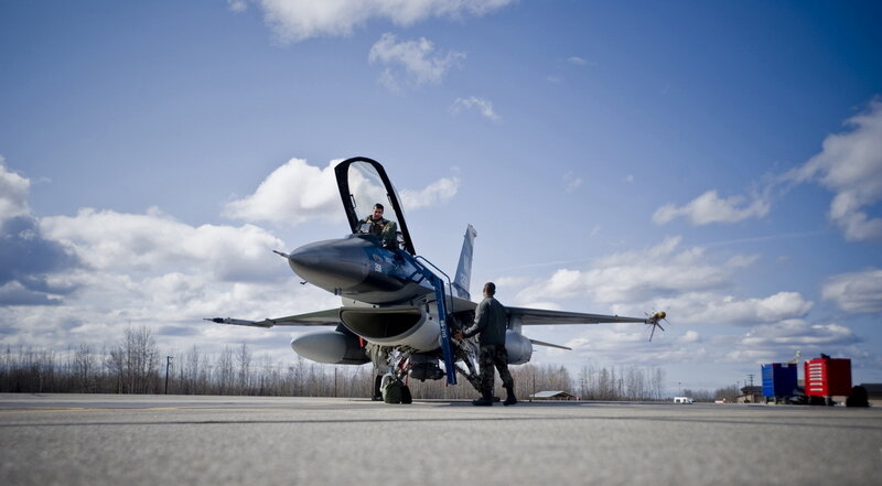 F-16 Fighter Jet on Tarmac — Blue