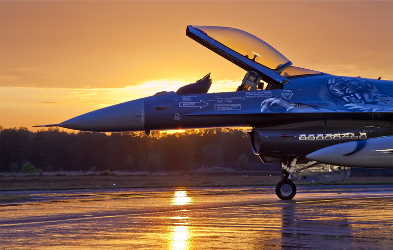 F-16 Fighter Jet — Orange, Dramatic