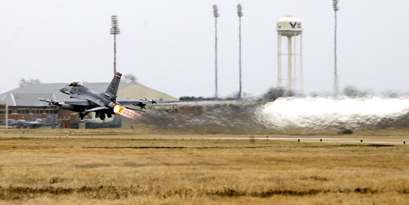 F-16 Fighter Jet Taking Off — Gray, Dramatic