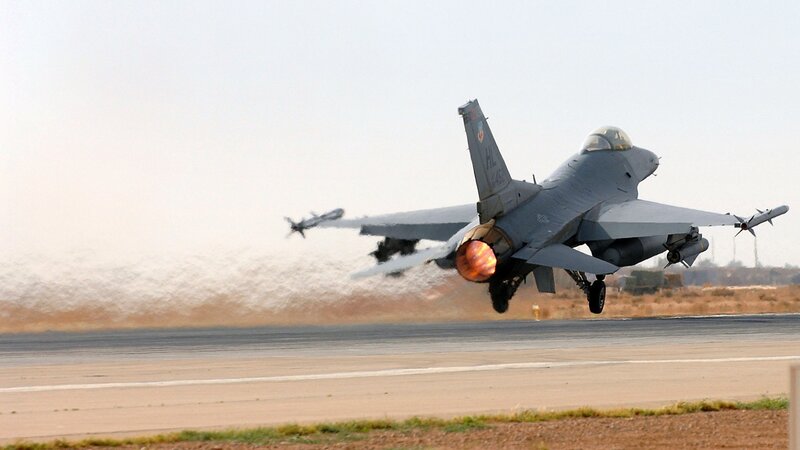 F-16 Fighter Jet Taking Off — Gray, Dynamic, Afternoon, Photograph