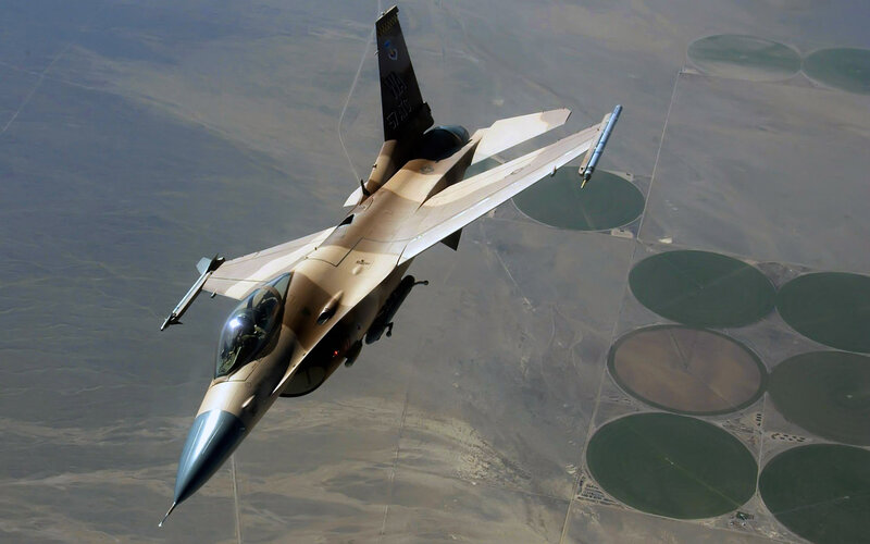 F-16 Fighter Jet — Tan, Aerial
