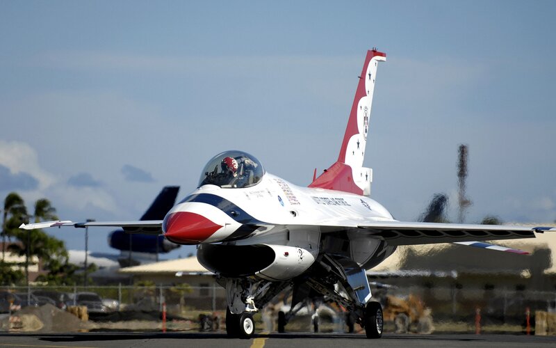 F-16 Fighter Jet — White, Calm, Afternoon