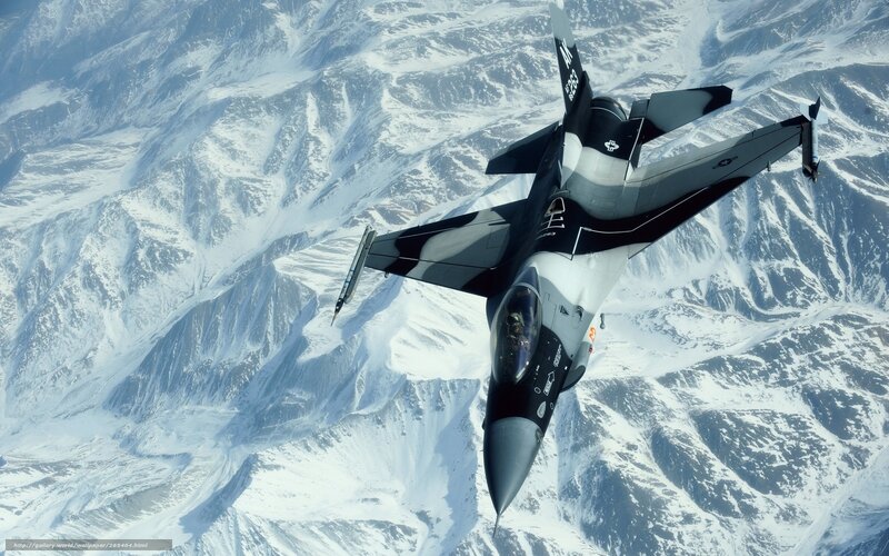 F-16 Fighter Jet — White, Dramatic, Winter, Photograph, Snow-covered Mountains, Aircraft