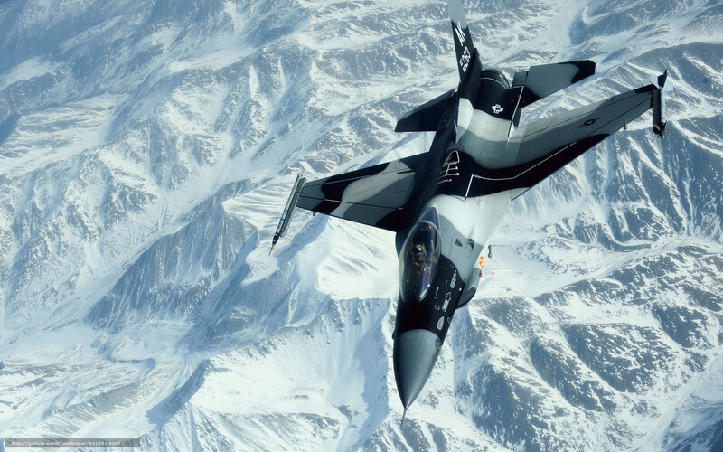 F-16 Fighter Jet — White, Dramatic, Winter, Photograph, Snow-covered Mountains