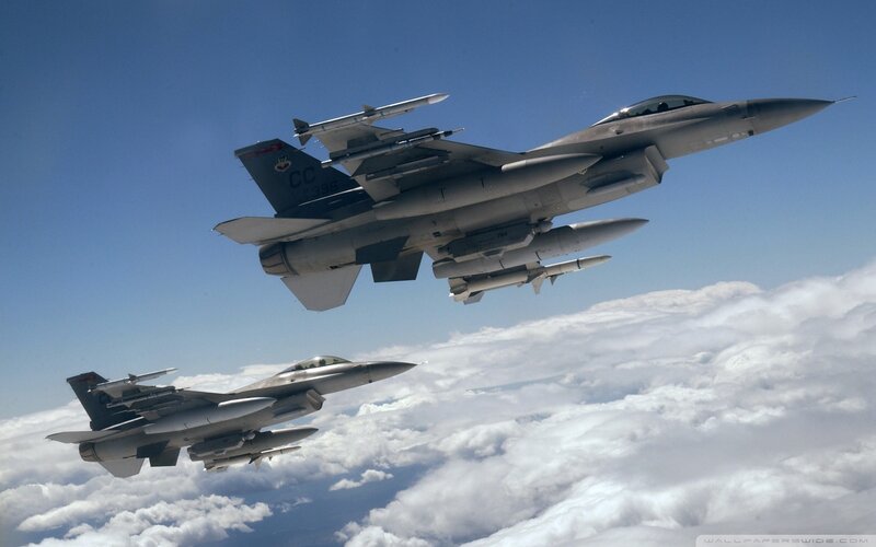 F-16 Fighter Jets — Blue, Dramatic, Afternoon, Photograph